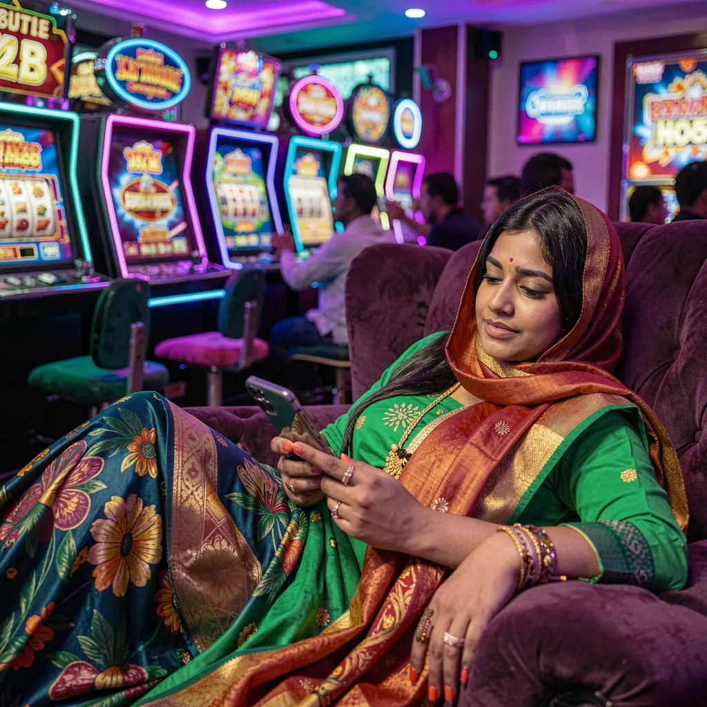Confident Bangladeshi woman relaxing on a sofa while using the QQ77777 casino app with glowing slot machines creating a premium gaming mood