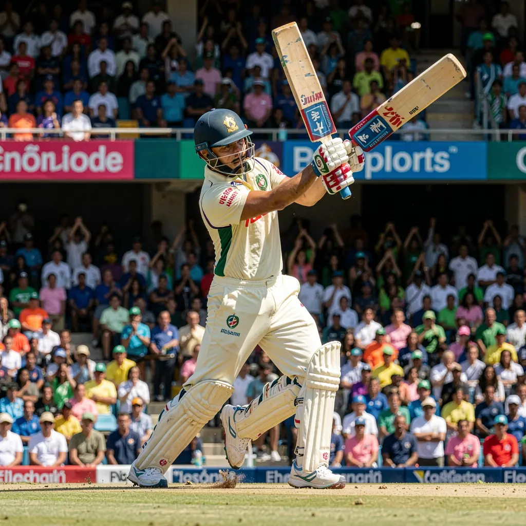Energetic cricket player running between wickets in a packed stadium capturing the excitement of live cricket betting with QQ77777 in Bangladesh