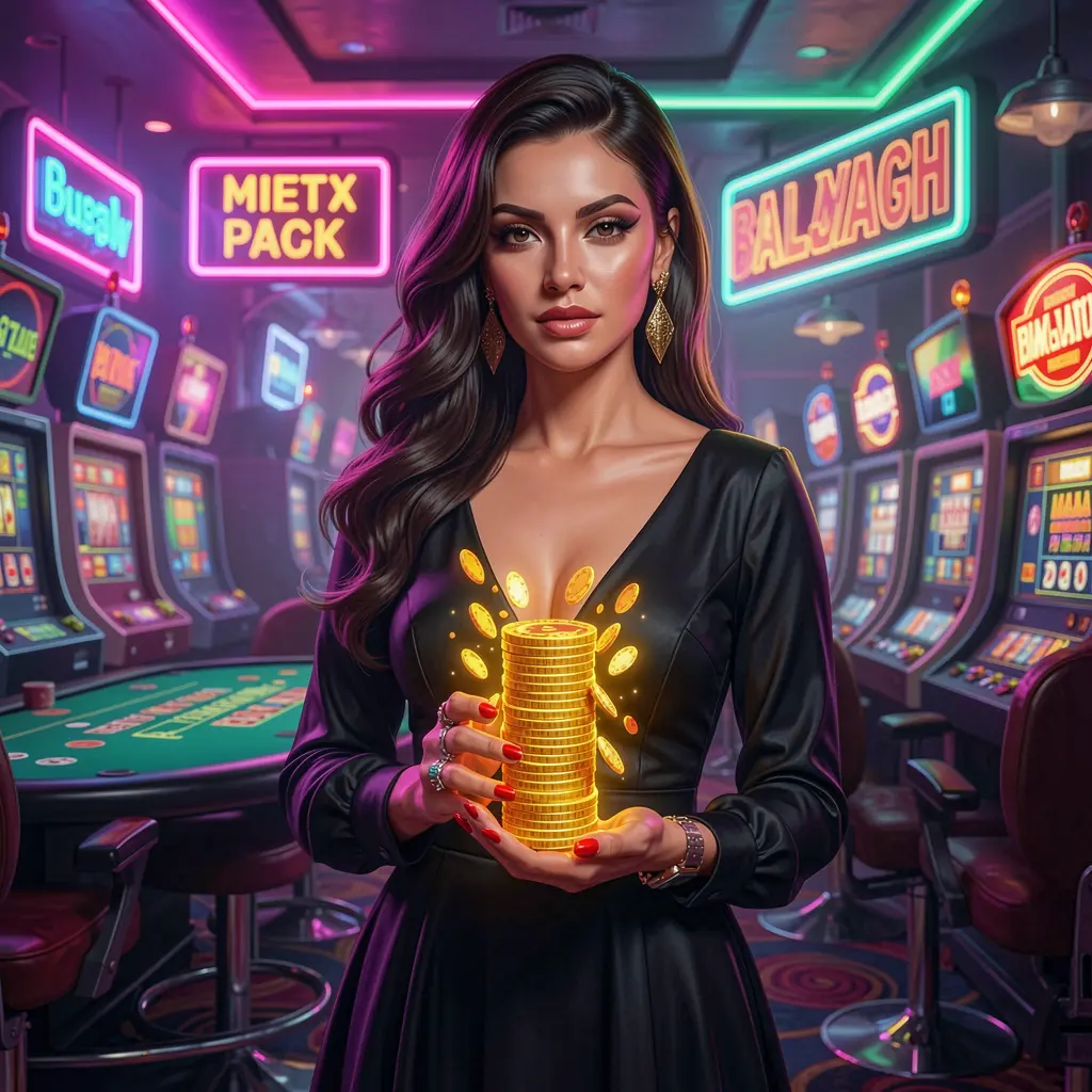 Elegant woman holding a stack of glowing casino chips in a neon lit atmosphere representing the premium online casino experience of QQ77777 for players in Bangladesh