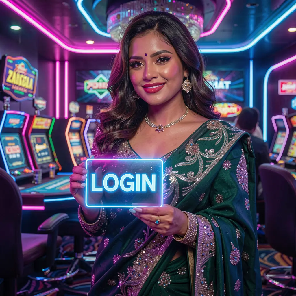 Elegant Bangladeshi woman holding a glowing login card in a neon casino environment representing secure access at QQ77777